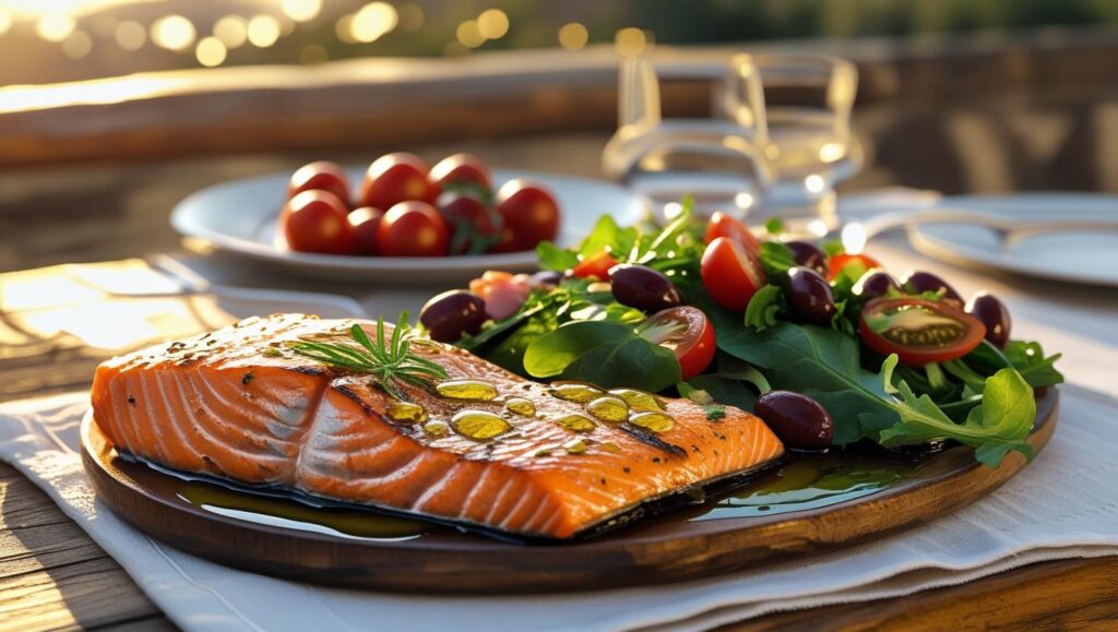 a mediterranean dinner table with grilled salmon, fresh greens, and olive oil drizzle.