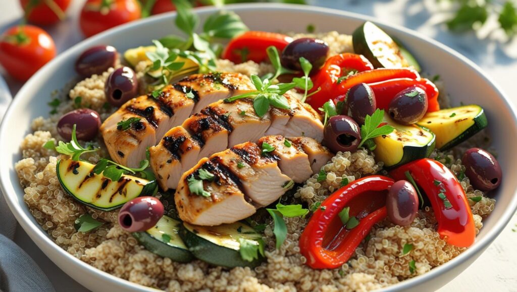 a mediterranean lunch bowl with quinoa, chicken, and roasted veggies on a white plate.