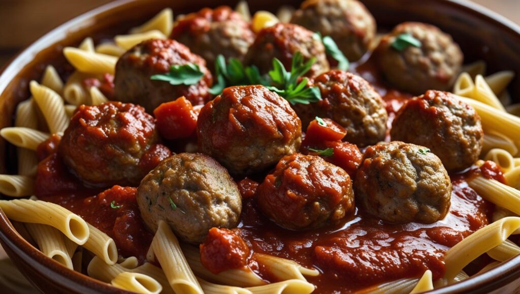 a bowl of turkey meatballs with marinara sauce over whole wheat pasta