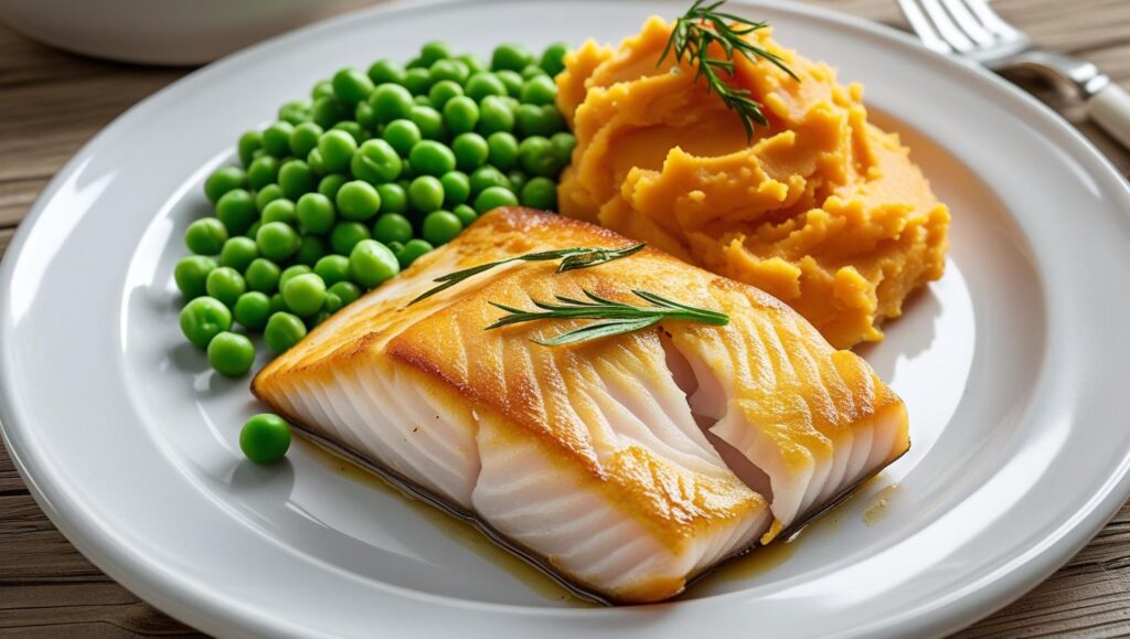 a budget friendly plate of baked fish fillet with mashed sweet potatoes and peas
