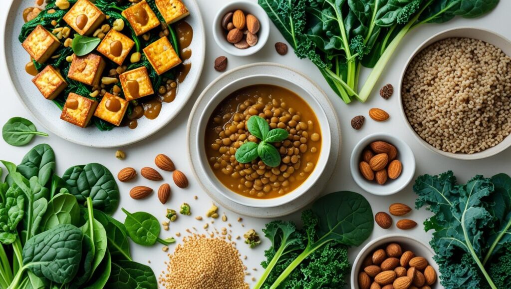 a healthy spread of vegan foods tofu stir fry, lentil soup, fresh greens, nuts, and grains