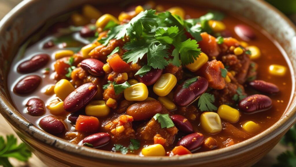 a hearty bowl of homemade chili with beans, corn, and tomato base, topped with fresh herbs