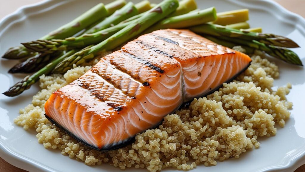 A plate of grilled salmon fillet with roasted asparagus and quinoa on a white ceramic plate, styled as a healthy dinner