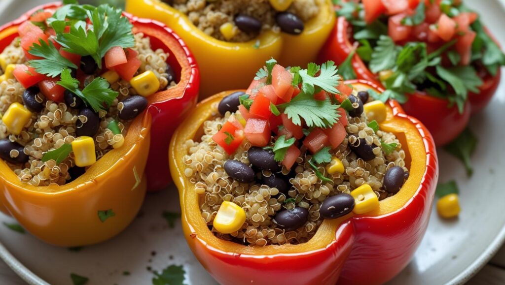 a plate of vibrant vegan stuffed bell peppers with quinoa, beans, corn, and salsa