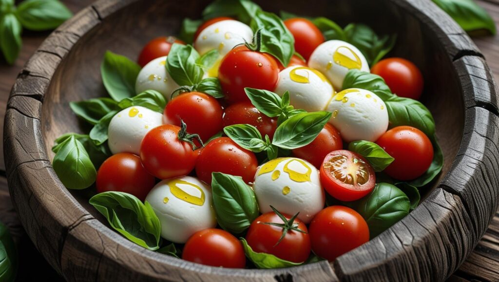 bowl of Caprese salad with fresh mozzarella, basil leaves, and tomatoes, drizzled with olive oil, natural light