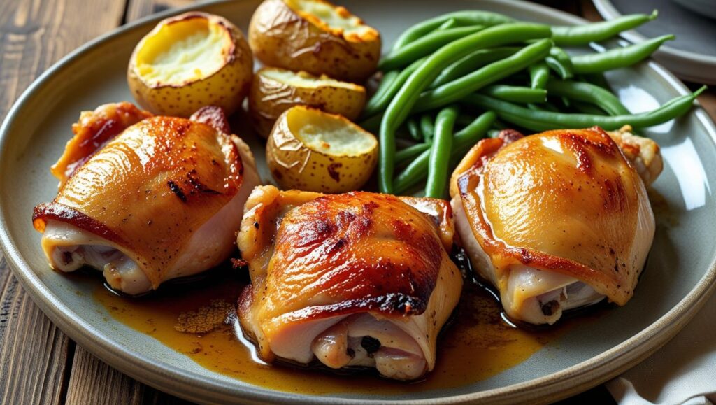 a simple dinner plate with baked chicken thighs, roasted potatoes, and green beans