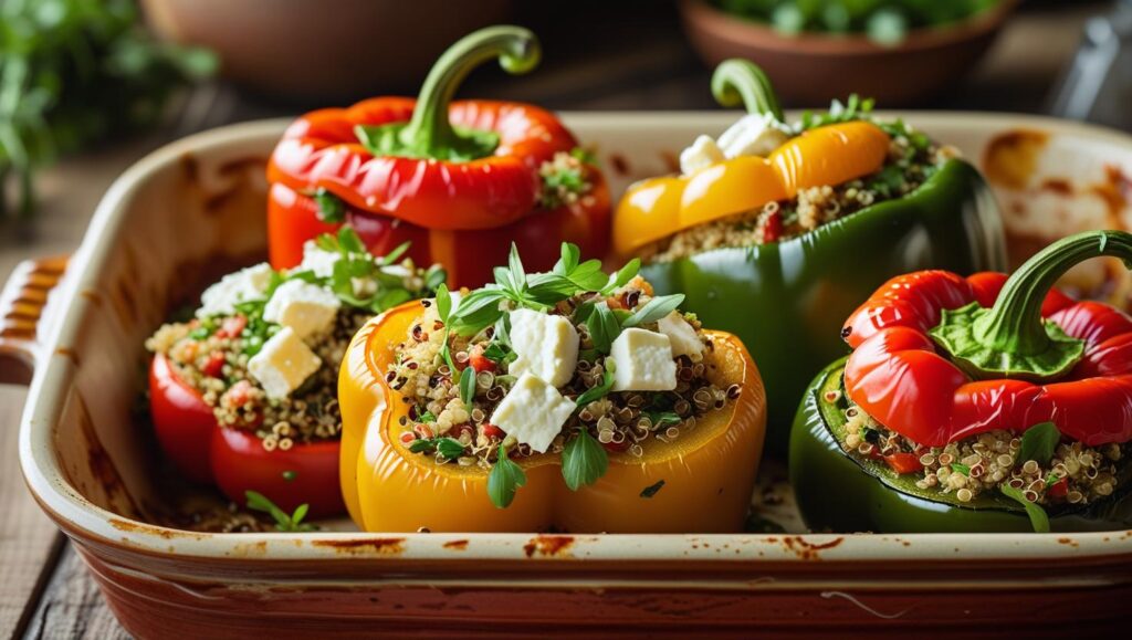 Colorful stuffed bell peppers filled with quinoa, feta, and herbs in a rustic baking dish, Mediterranean style
