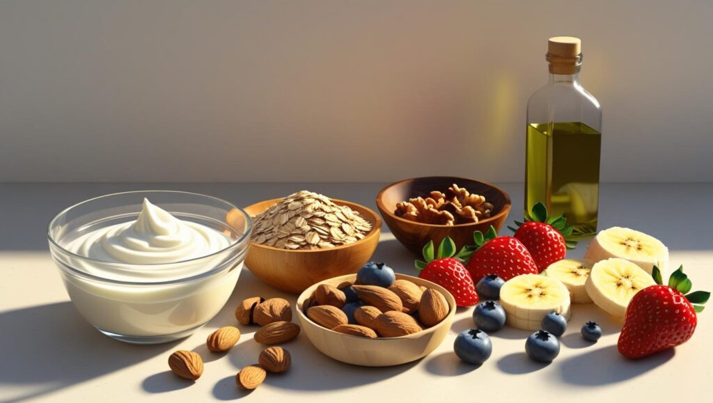 greek yogurt, oats, nuts, olive oil, and fresh fruits n