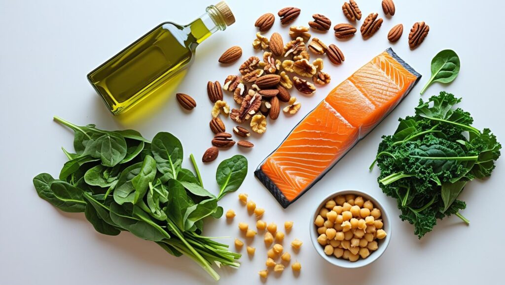 Healthy Mediterranean ingredients: olive oil bottle, nuts, salmon fillet, whole wheat pasta, leafy greens, chickpeas