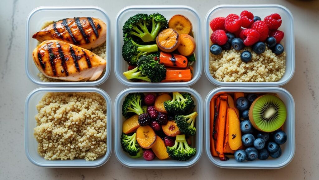 meal prep containers filled with grilled chicken, quinoa, roasted vegetables, and fresh fruit arranged neatly on a kitchen counter