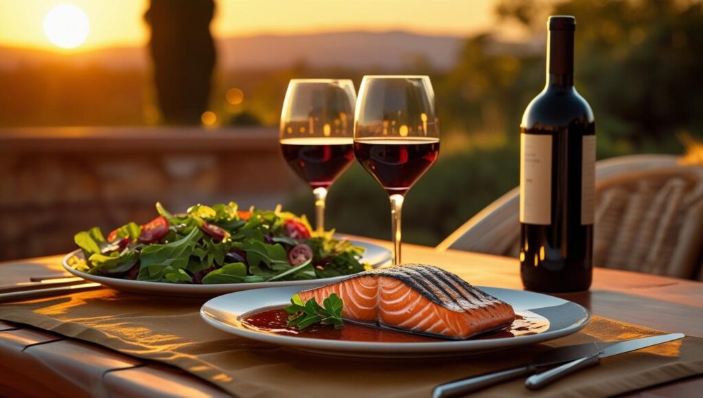 mediterranean inspired dinner with salmon, greens, and red wine at sunset
