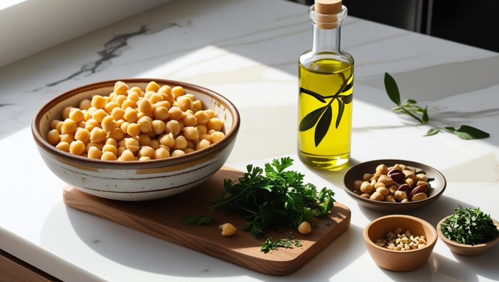 modern kitchen counter with olive oil, chickpeas, herbs, and nuts prepared for meal prep.