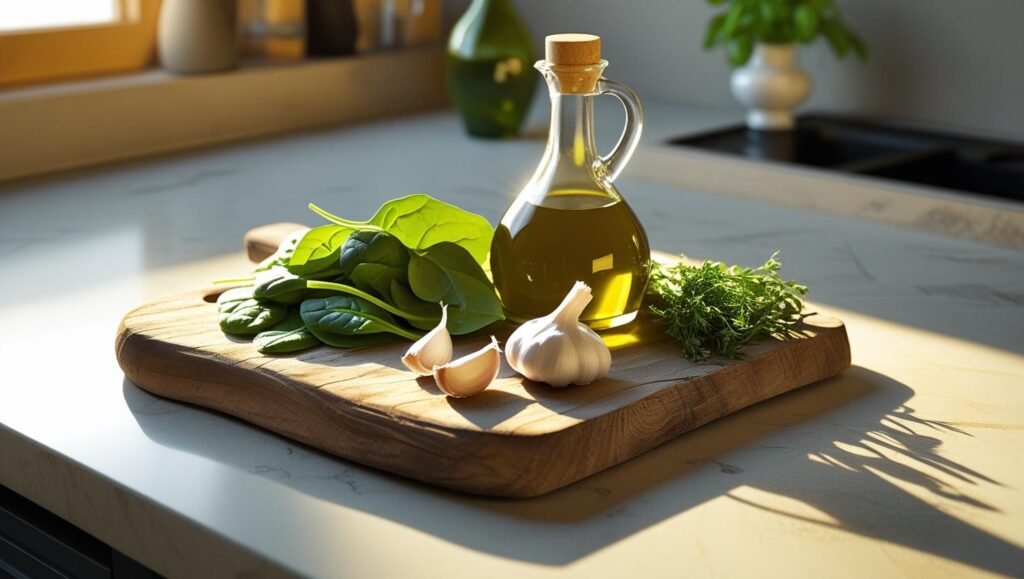 modern kitchen counter with olive oil, garlic, leafy greens, and herbs prepared for cooking, warm natural lighting