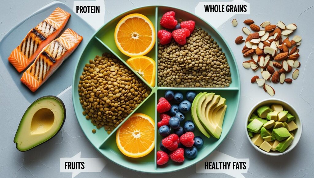 plate divided into protein (fish, lentils), whole grains, fruits, and healthy fats with labels.