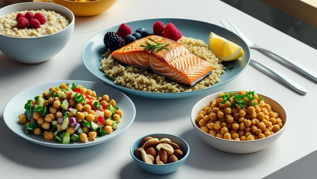 table with oatmeal, salmon with quinoa, chickpea salad, and nuts, arranged neatly with colorful garnishes