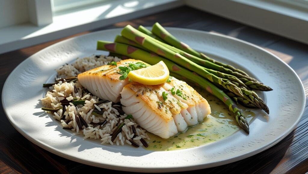 dinner plate with baked cod, wild rice, and asparagus spears