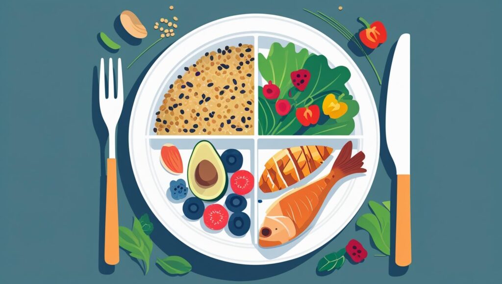 plate divided into whole grains, lean proteins, fruitsveggies, and healthy fats